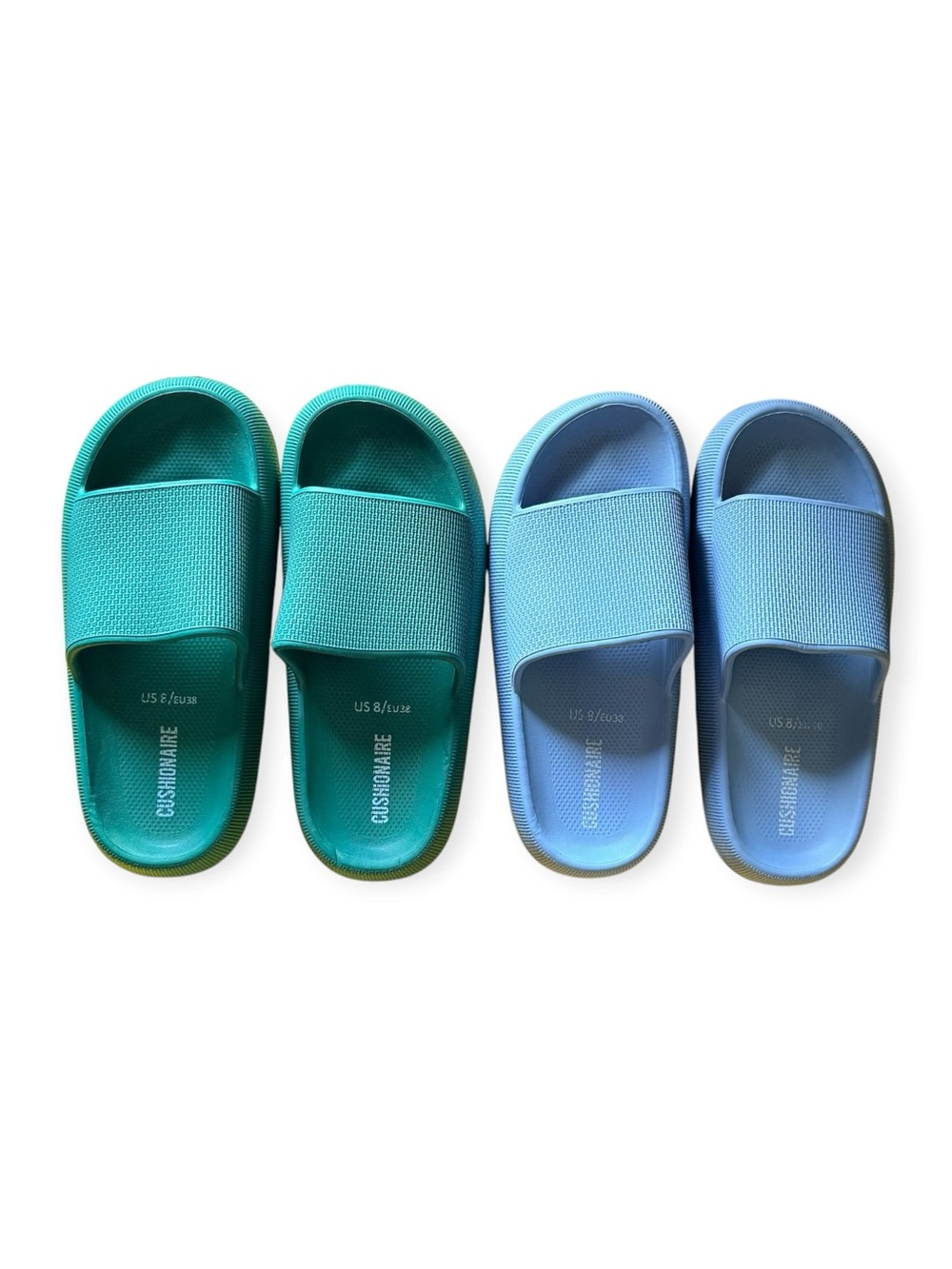 Women's Cushioned Slide Sandals in Teal and Light Blue